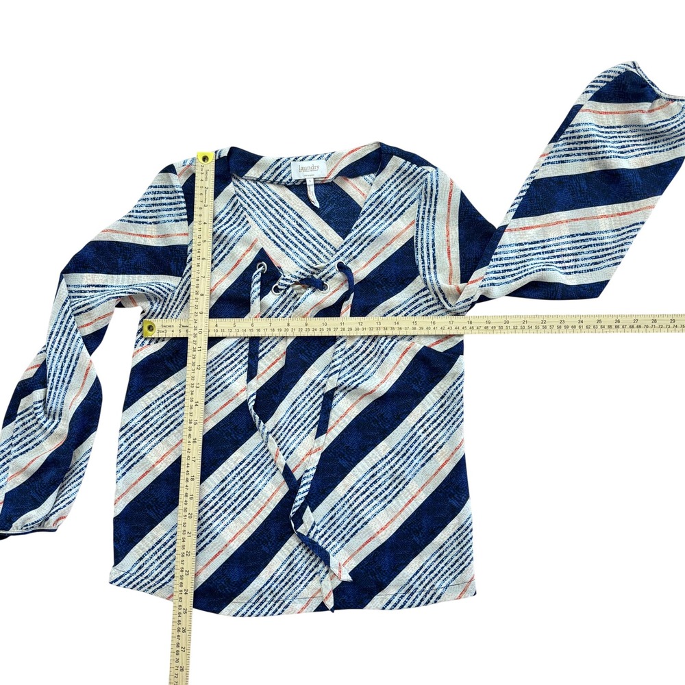 Laundry Shelli Segal Navy Nautical Stripe Edgy Grommet‎ Lace Up V-Neck Blouse S - Picture 4 of 9
